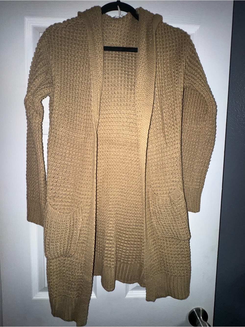 No Boundaries Camel Open-Front Waffle Knit Cardigan